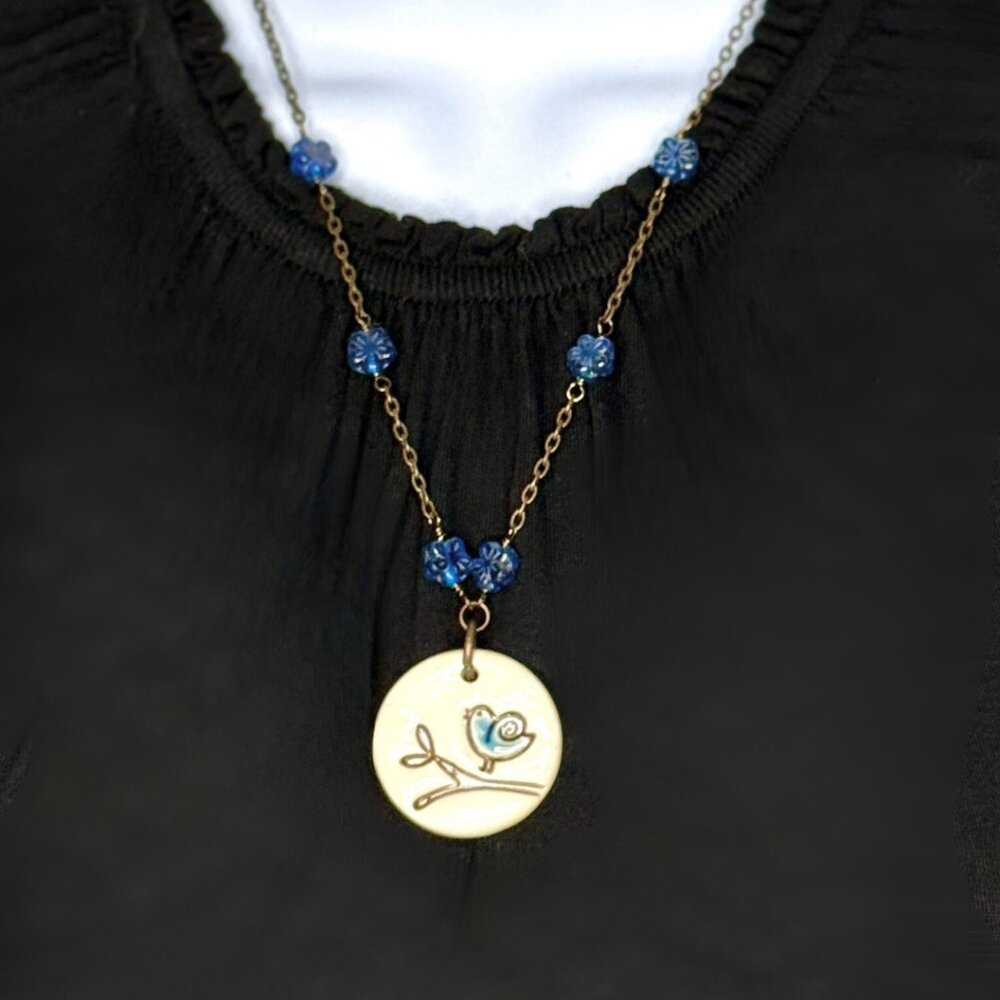 Vintage Necklace, Ceramic Bird Pendant, Blue Beads, 20"